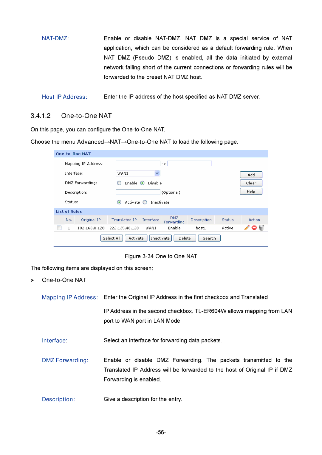 TP-Link TL-ER604W manual  One-to-One NAT 