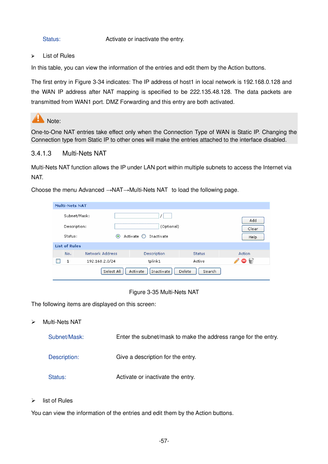 TP-Link TL-ER604W manual  List of Rules,  Multi-Nets NAT 