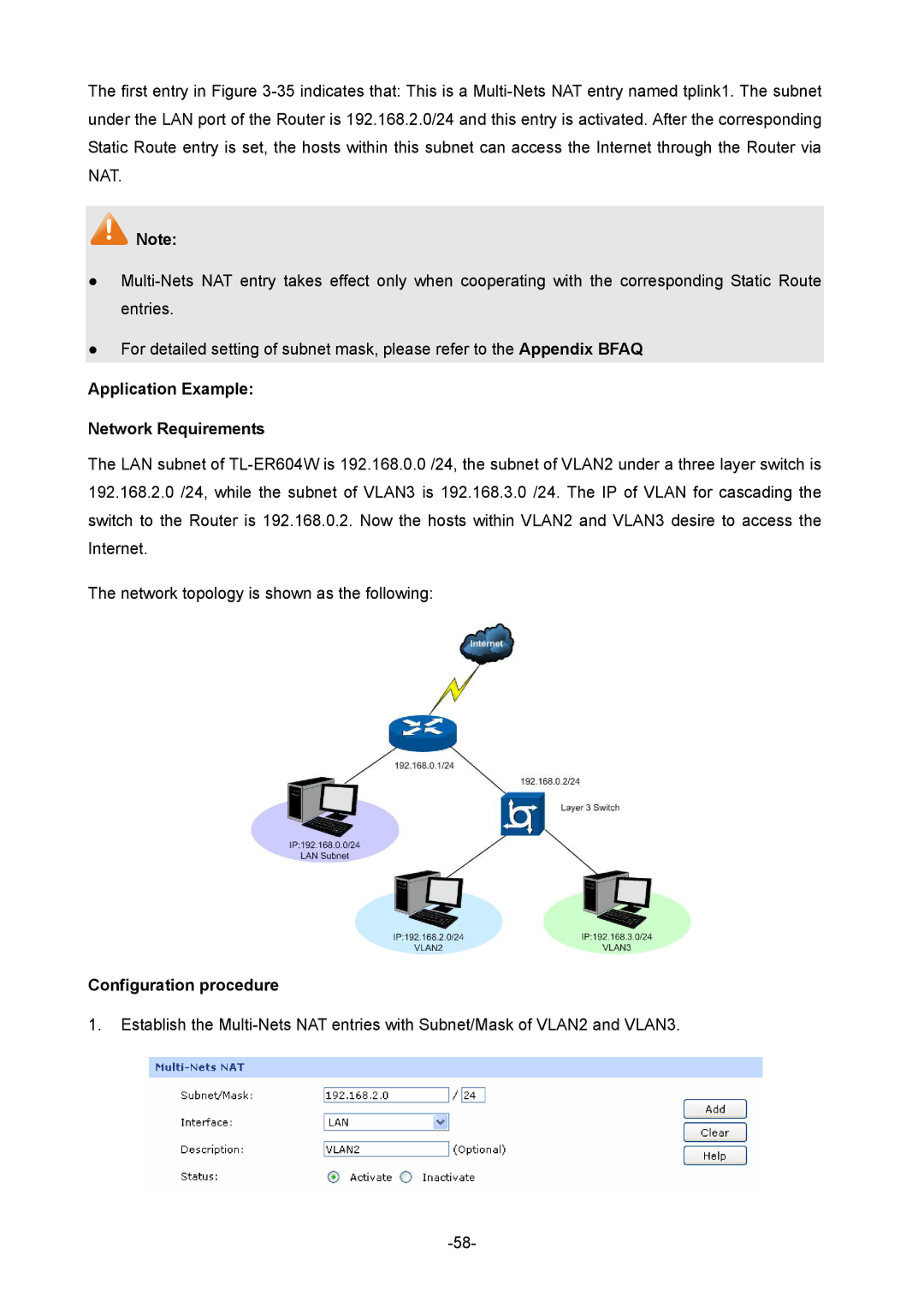 TP-Link TL-ER604W manual Application Example Network Requirements, Configuration procedure 