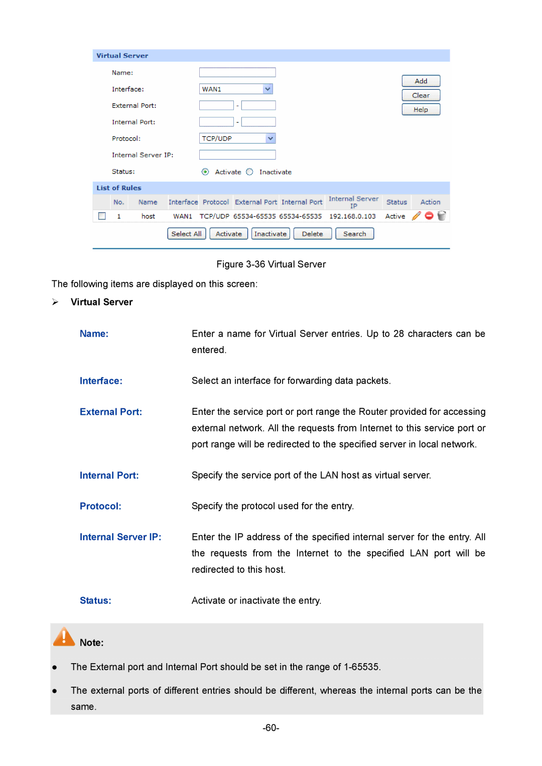 TP-Link TL-ER604W manual  Virtual Server, Interface, Protocol 