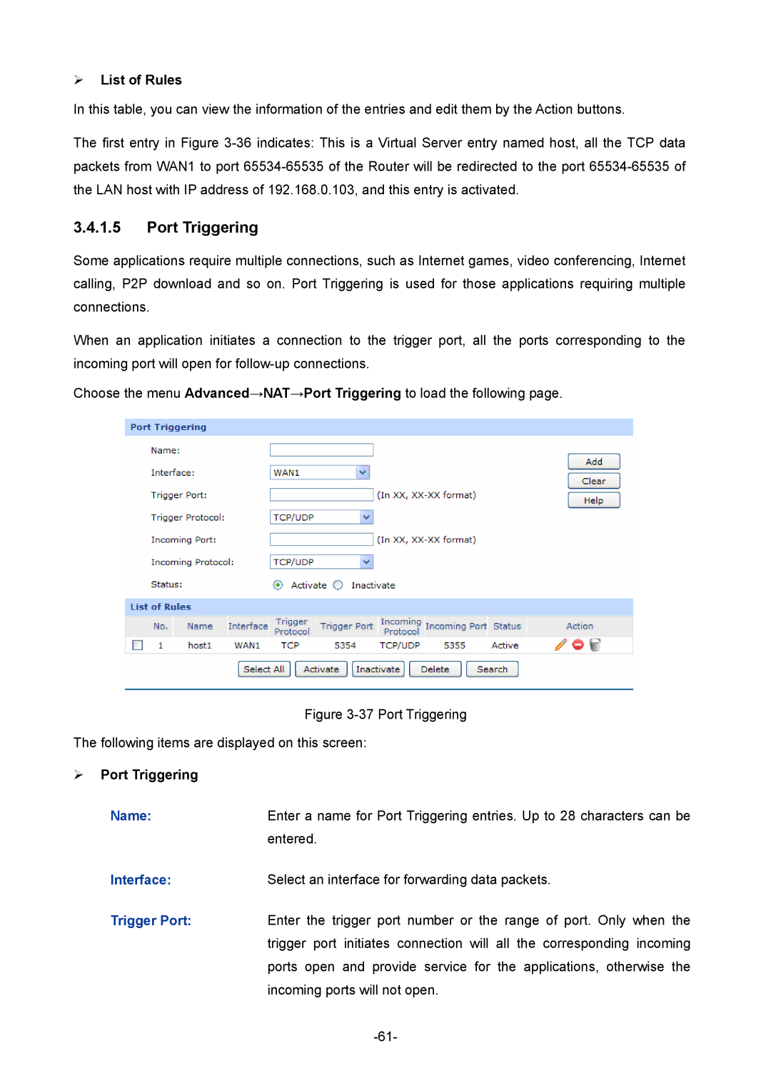 TP-Link TL-ER604W manual  Port Triggering 