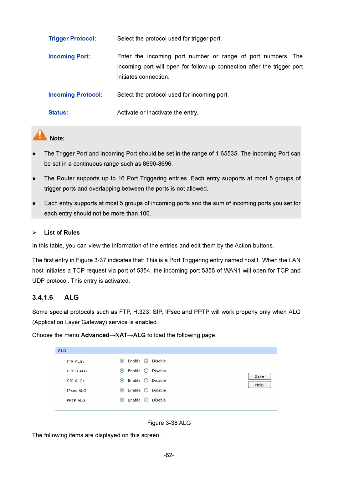 TP-Link TL-ER604W manual 1.6 ALG, ALG Following items are displayed on this screen 