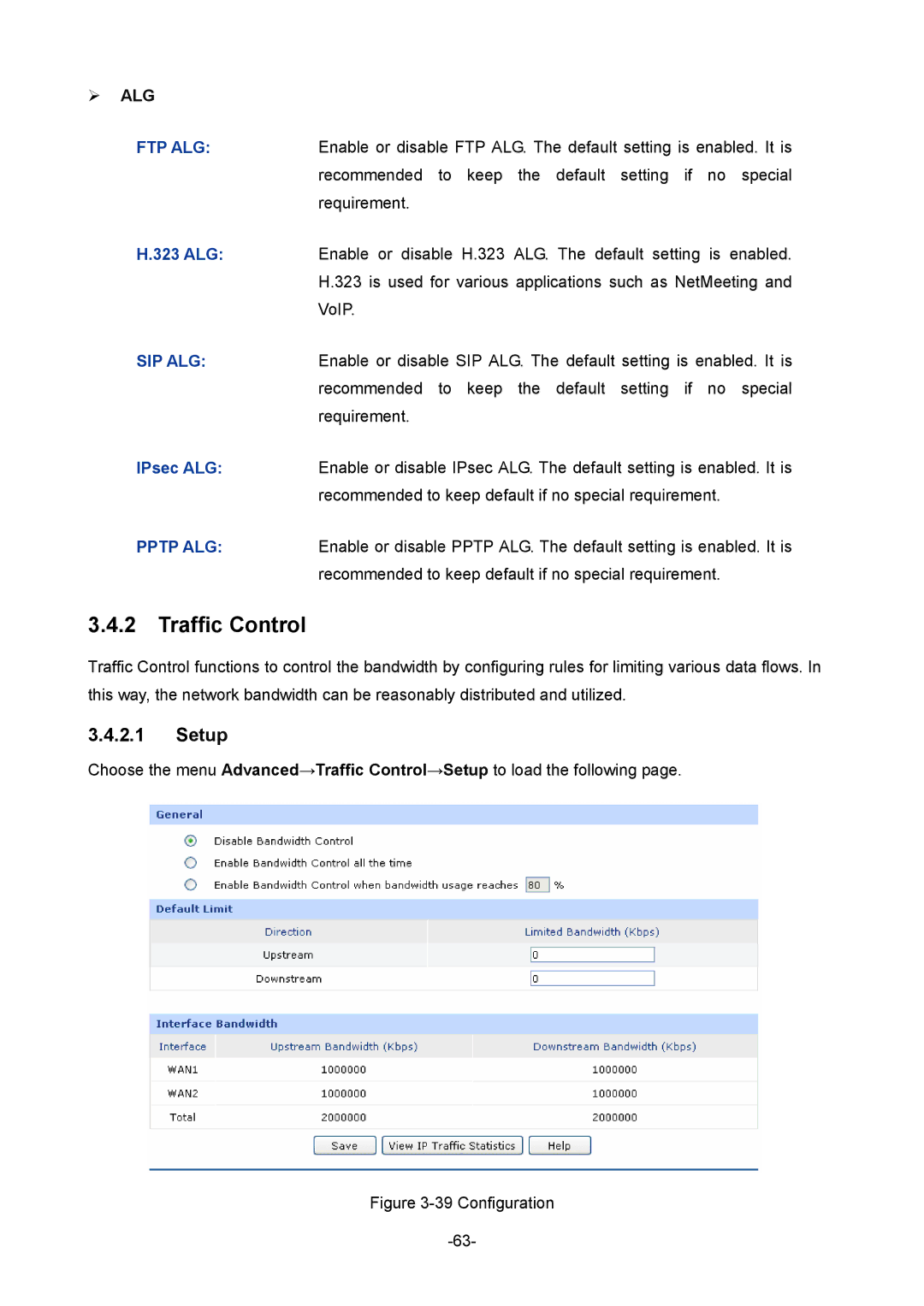 TP-Link TL-ER604W manual Traffic Control, Setup, 323 ALG, IPsec ALG 