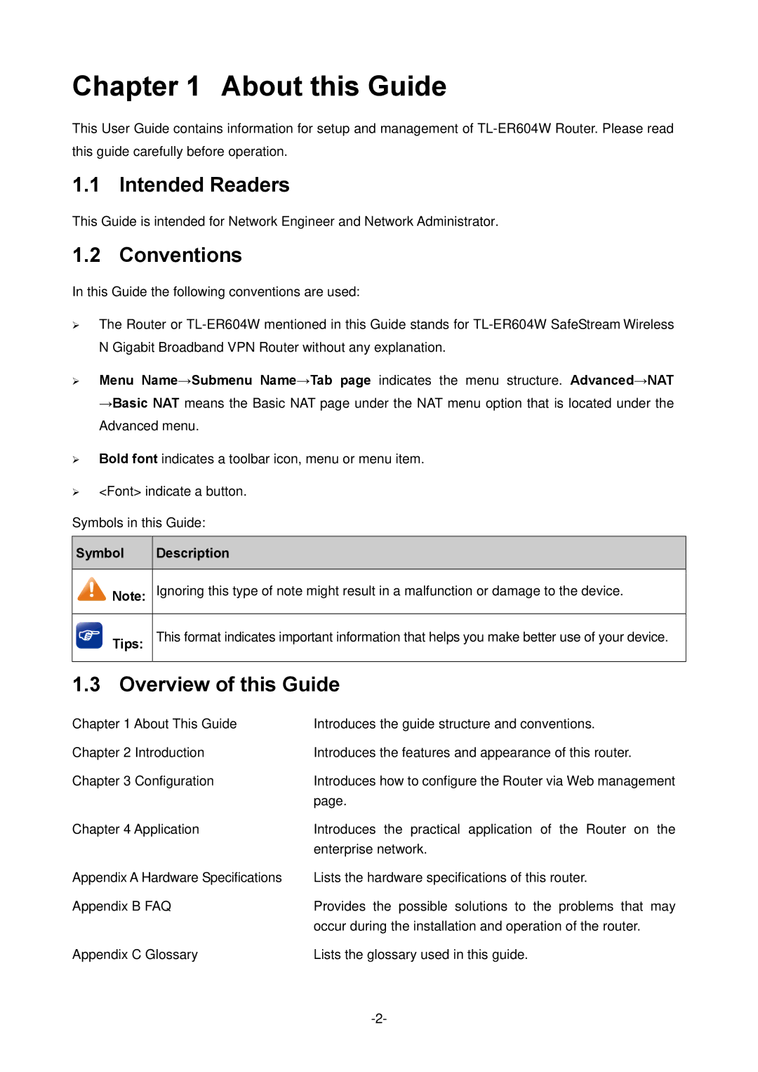 TP-Link TL-ER604W manual Intended Readers, Conventions, Overview of this Guide, Symbol Description 