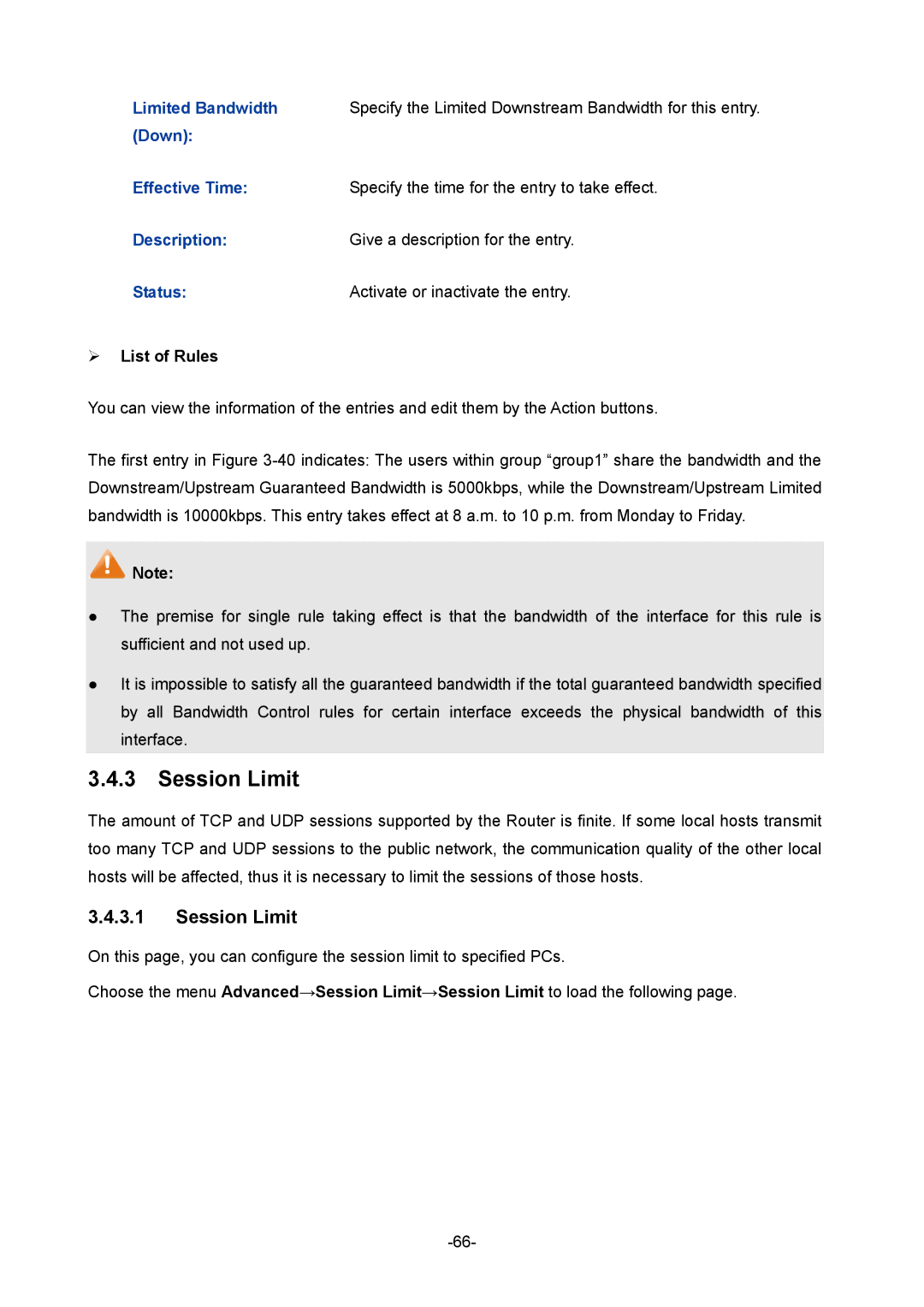 TP-Link TL-ER604W manual Session Limit, Limited Bandwidth 