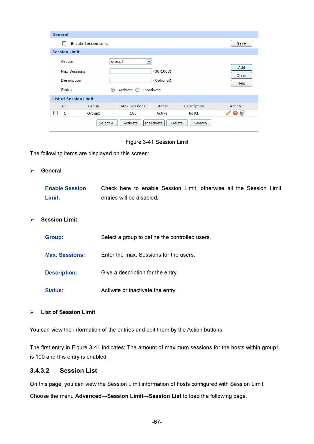 TP-Link TL-ER604W manual Session List,  List of Session Limit 