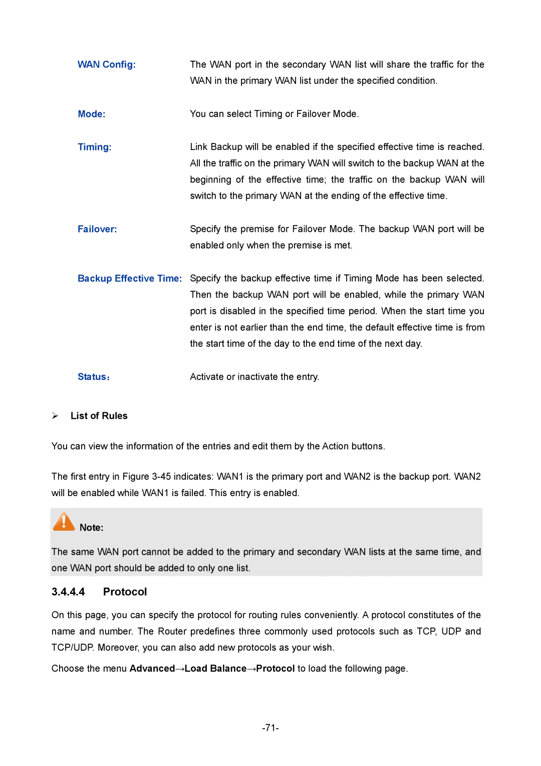 TP-Link TL-ER604W manual Protocol, WAN Config, Timing, Failover, Status ： 