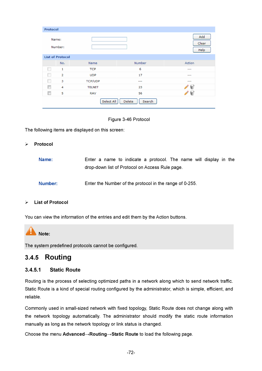 TP-Link TL-ER604W manual Routing, Static Route,  Protocol,  List of Protocol 