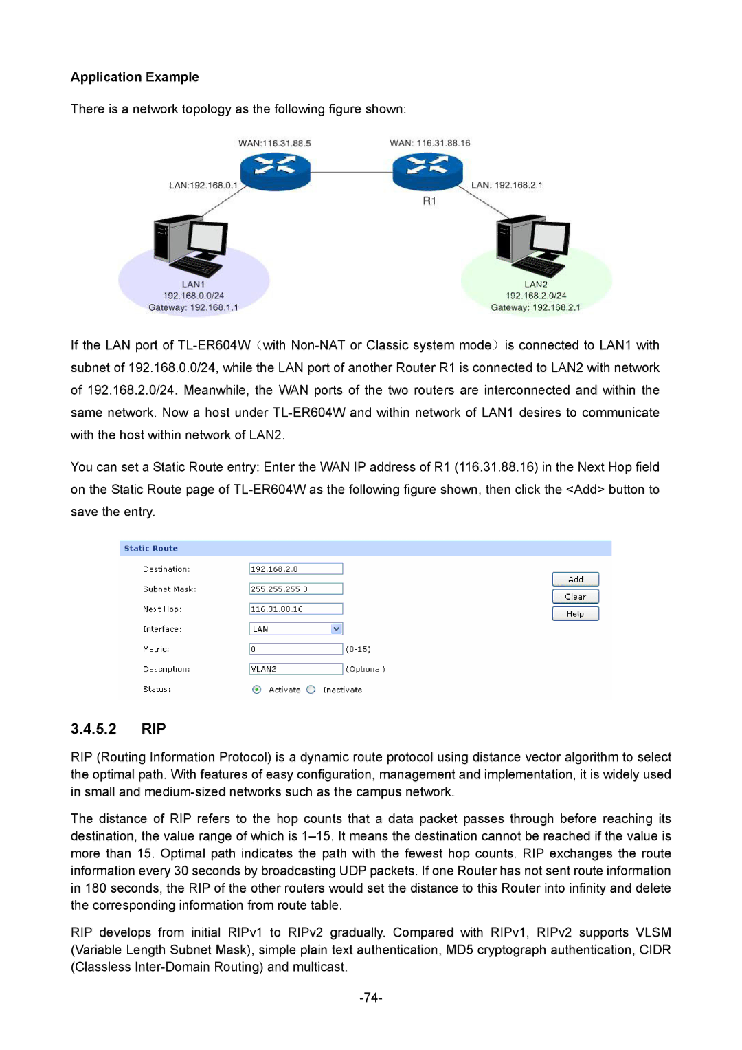 TP-Link TL-ER604W manual 5.2 RIP, Application Example 