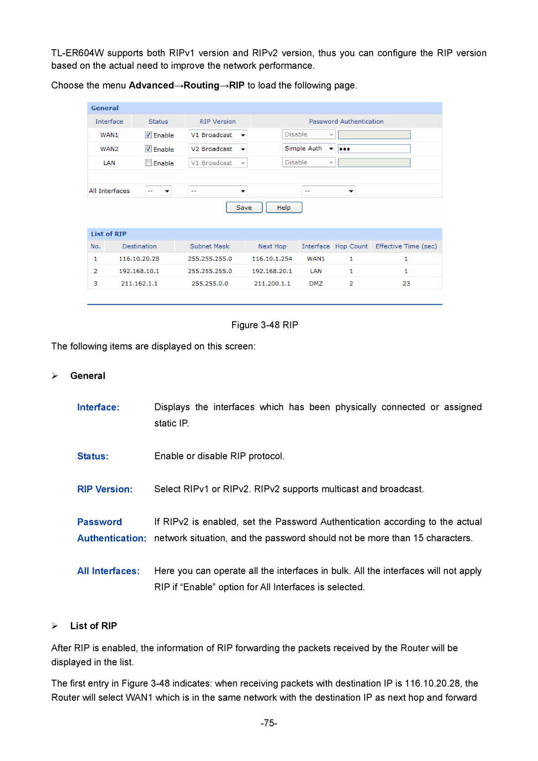 TP-Link TL-ER604W manual RIP Following items are displayed on this screen,  List of RIP 