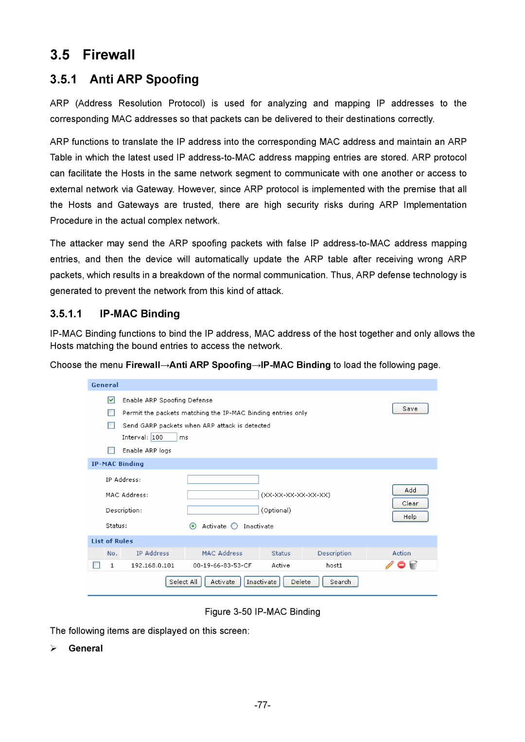 TP-Link TL-ER604W manual Firewall, Anti ARP Spoofing, IP-MAC Binding 