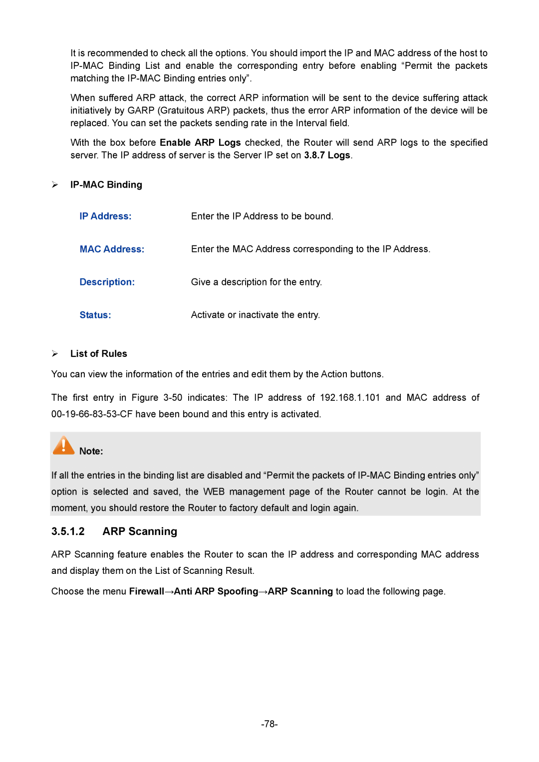 TP-Link TL-ER604W manual ARP Scanning,  IP-MAC Binding 