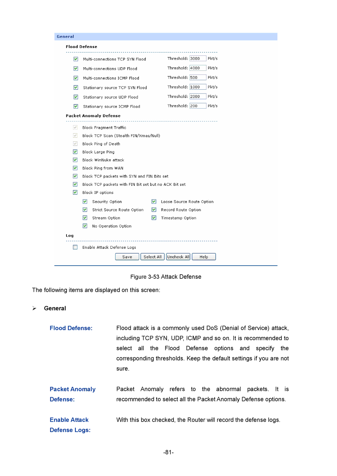 TP-Link TL-ER604W manual Flood Defense, Packet Anomaly, Enable Attack, Defense Logs 