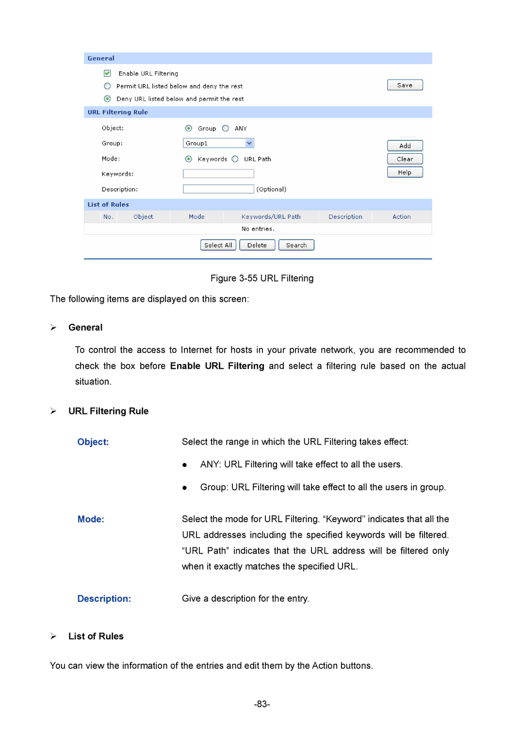 TP-Link TL-ER604W manual  URL Filtering Rule, Object 