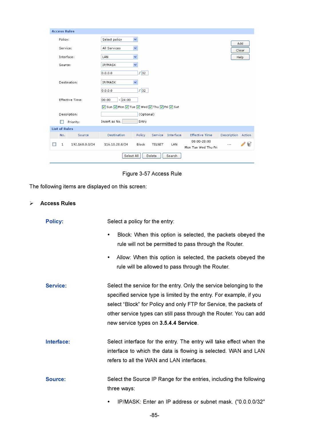 TP-Link TL-ER604W manual  Access Rules, Policy, Service, Source 