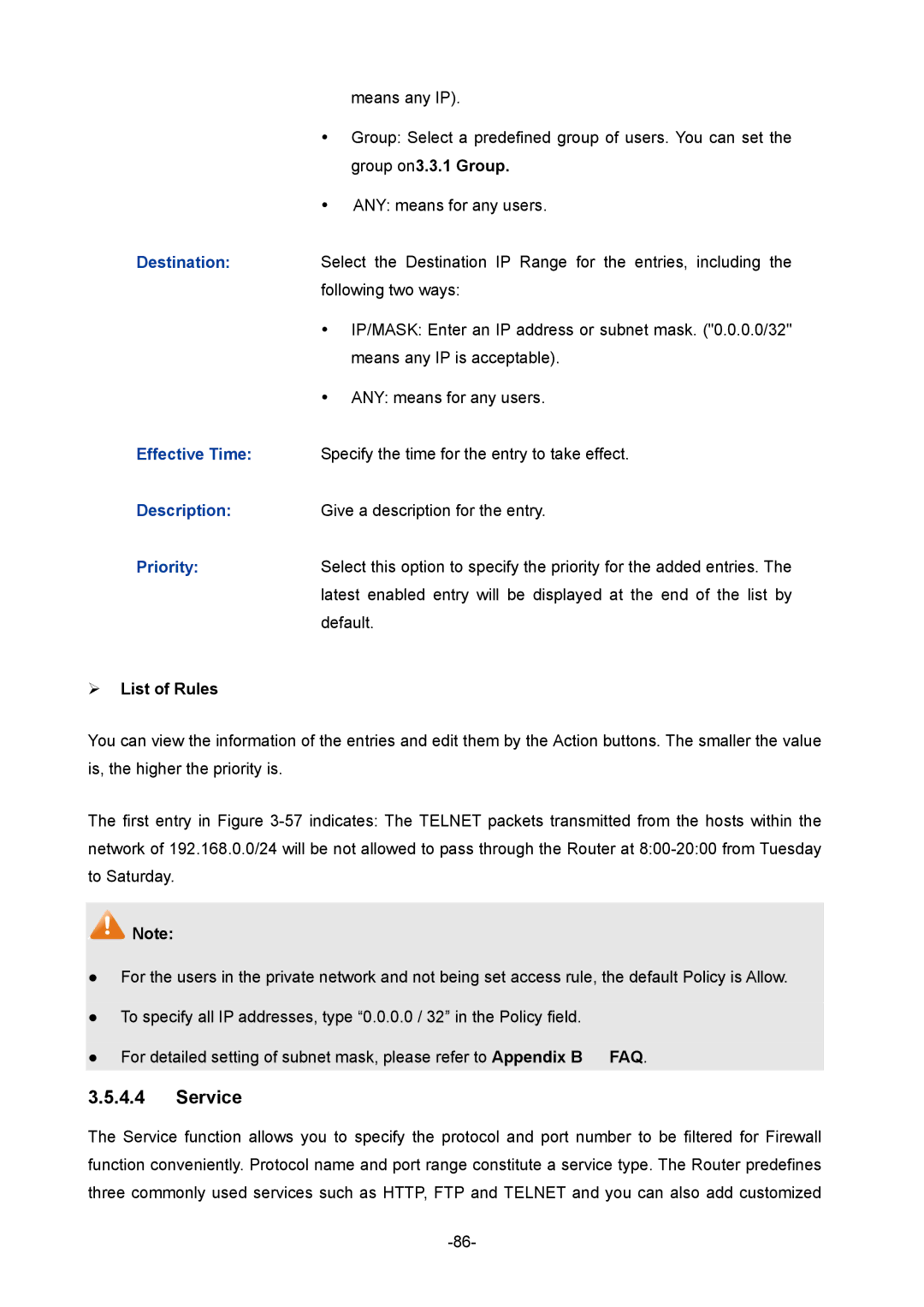 TP-Link TL-ER604W manual Service, Group on 3.3.1 Group, Destination, Priority 