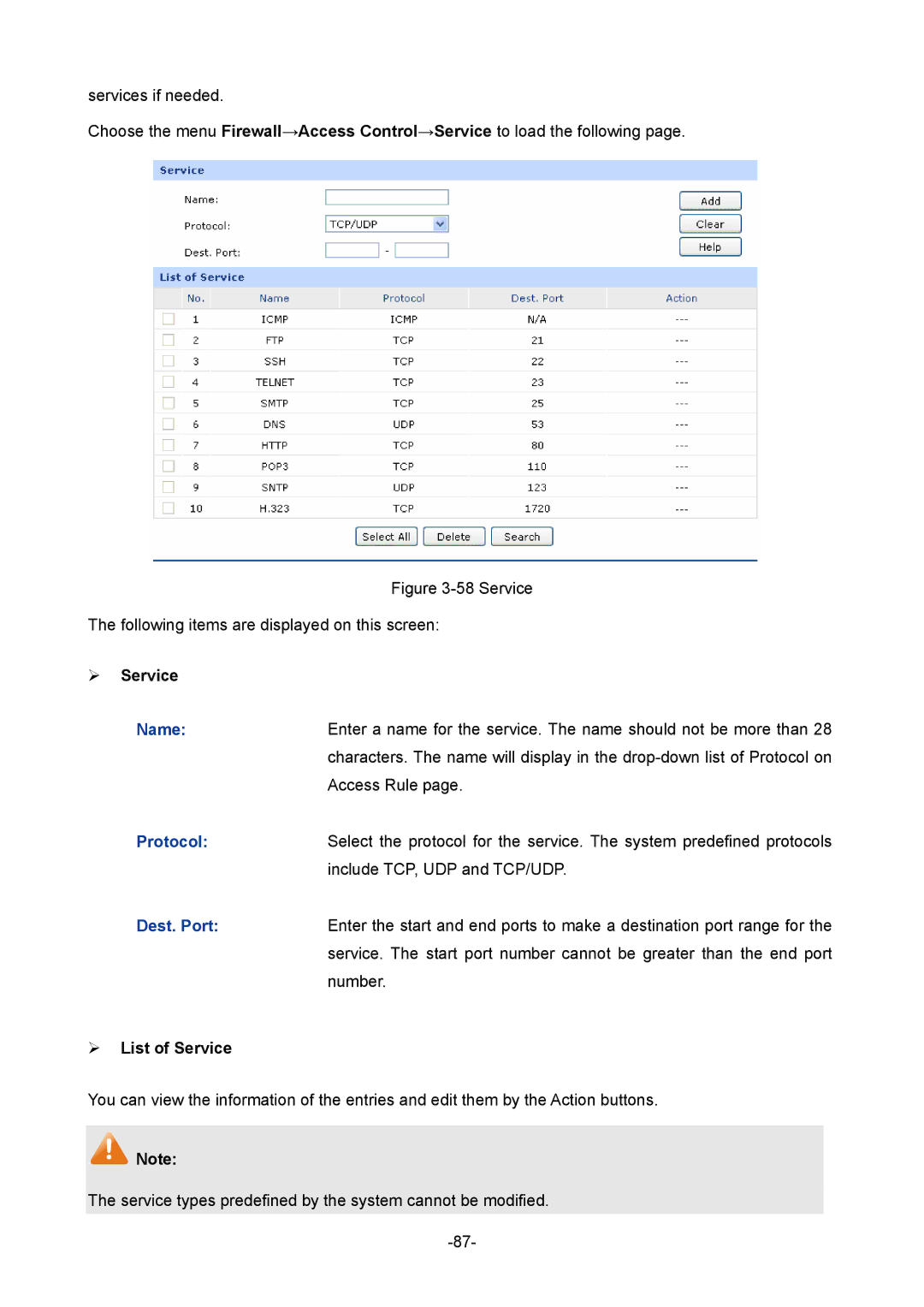 TP-Link TL-ER604W manual  Service, Name, Dest. Port,  List of Service 