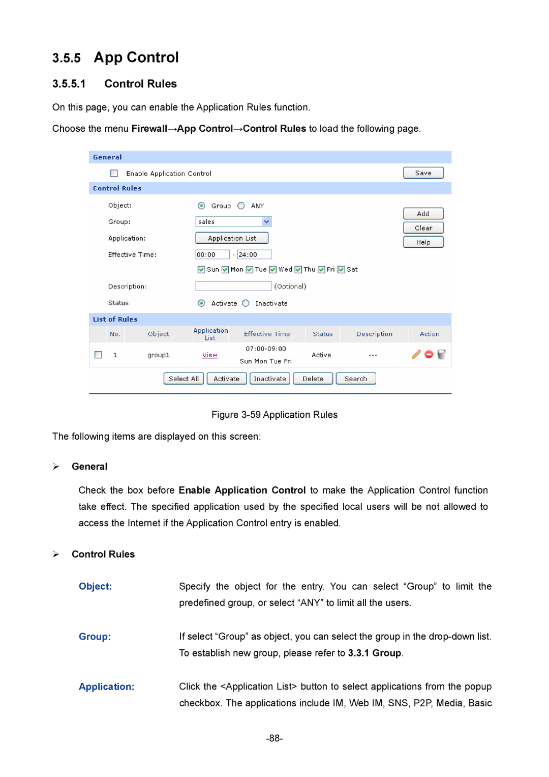 TP-Link TL-ER604W manual App Control,  Control Rules, Application 