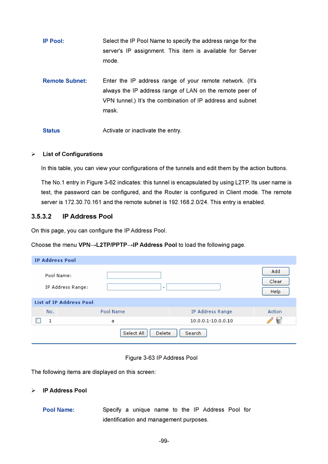 TP-Link TL-ER6120 manual IP Pool, Remote Subnet, ¾ List of Configurations, ¾ IP Address Pool 