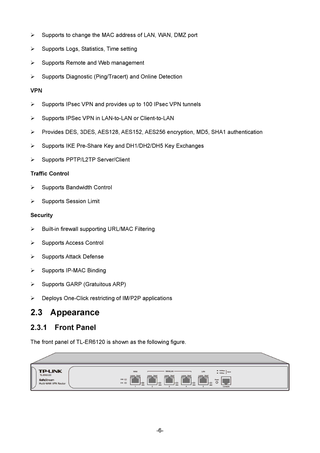 TP-Link TL-ER6120 manual Appearance, Front Panel, Traffic Control, Security 