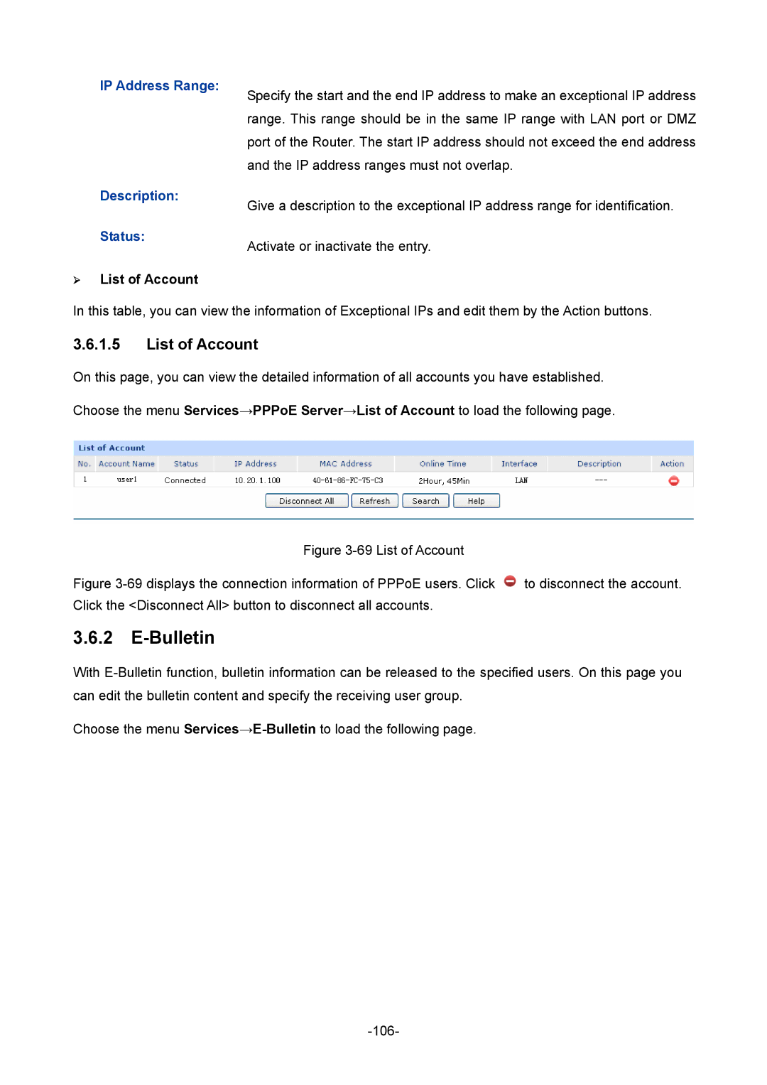 TP-Link TL-ER6120 manual Bulletin, List of Account, IP Address Range Description Status 