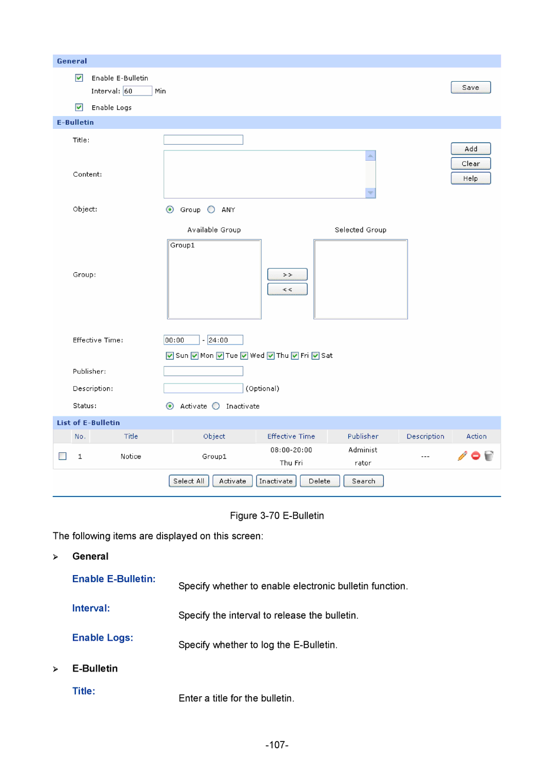 TP-Link TL-ER6120 manual Enable E-Bulletin, Interval, Enable Logs, ¾ E-Bulletin, Title 