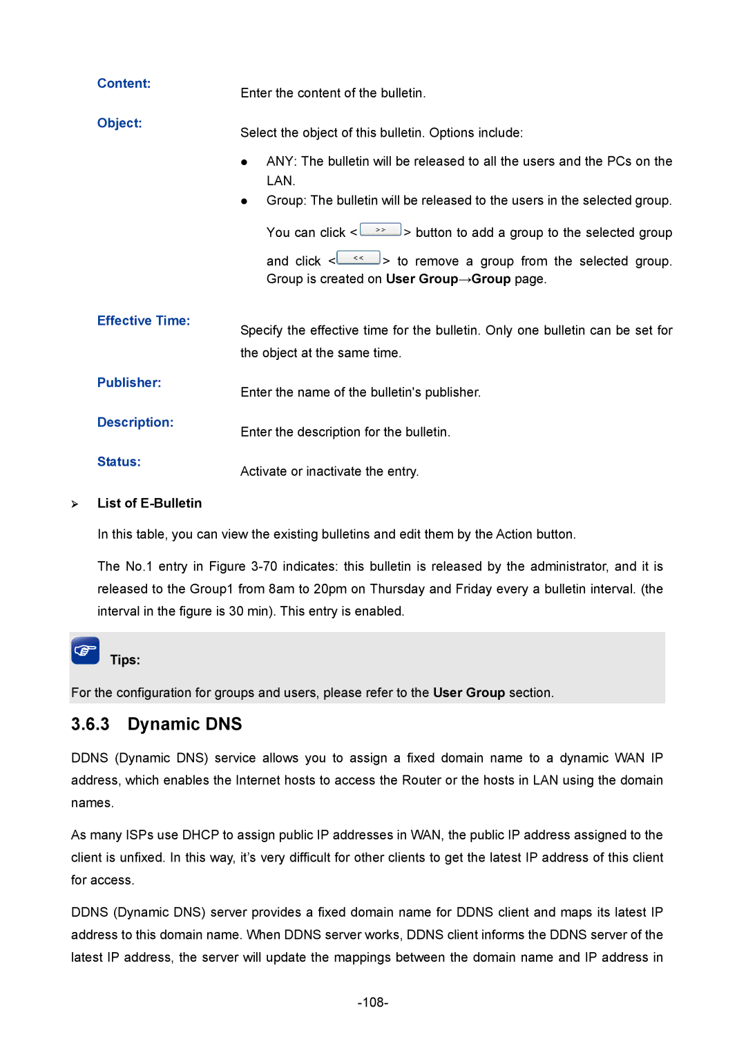 TP-Link TL-ER6120 manual Dynamic DNS, Content Object Effective Time Publisher Description Status, ¾ List of E-Bulletin 