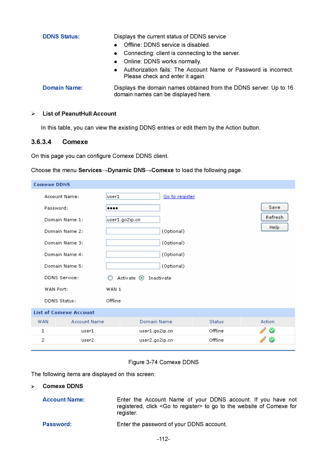 TP-Link TL-ER6120 manual ¾ List of PeanutHull Account, ¾ Comexe Ddns 