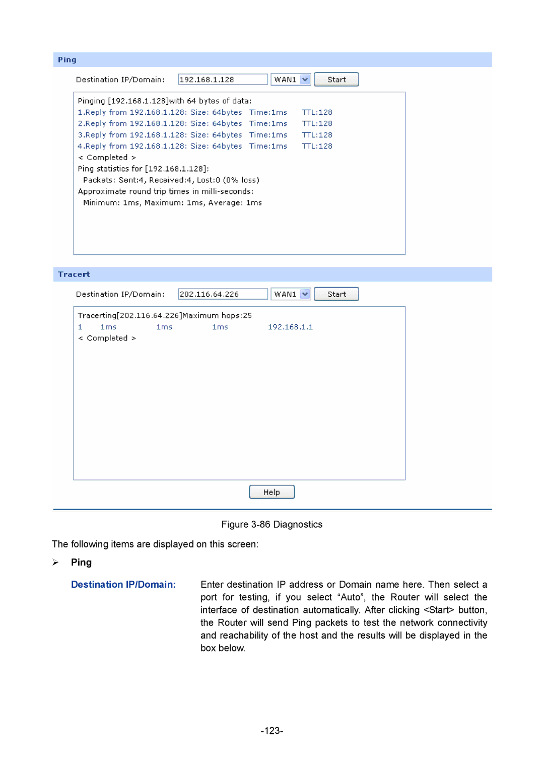 TP-Link TL-ER6120 manual Diagnostics Following items are displayed on this screen, ¾ Ping 