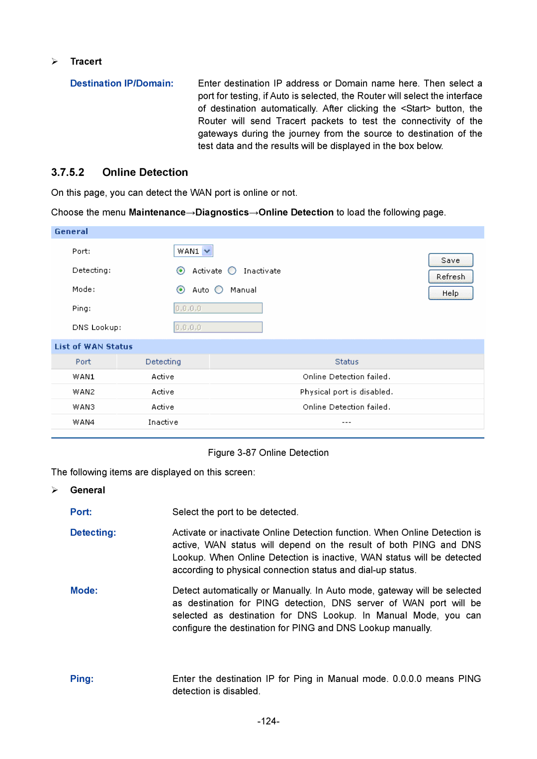 TP-Link TL-ER6120 manual Online Detection, ¾ Tracert, Detecting 