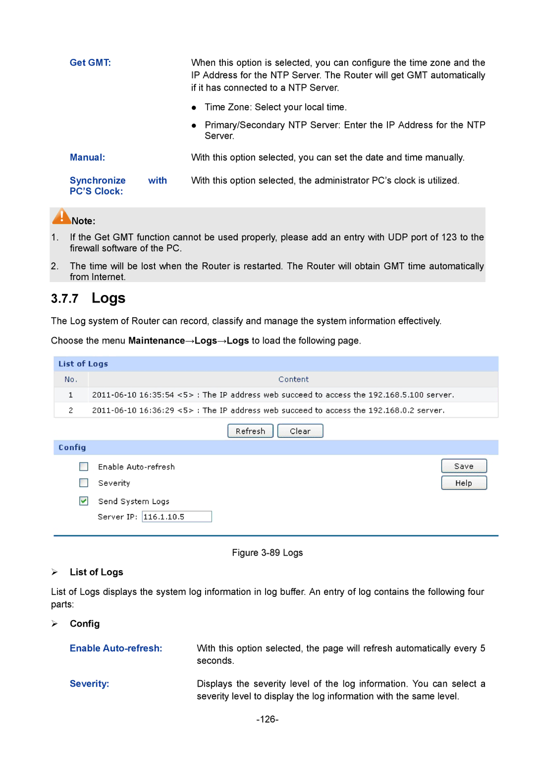 TP-Link TL-ER6120 manual Logs, Get GMT, Manual, Synchronize With, PC’S Clock 