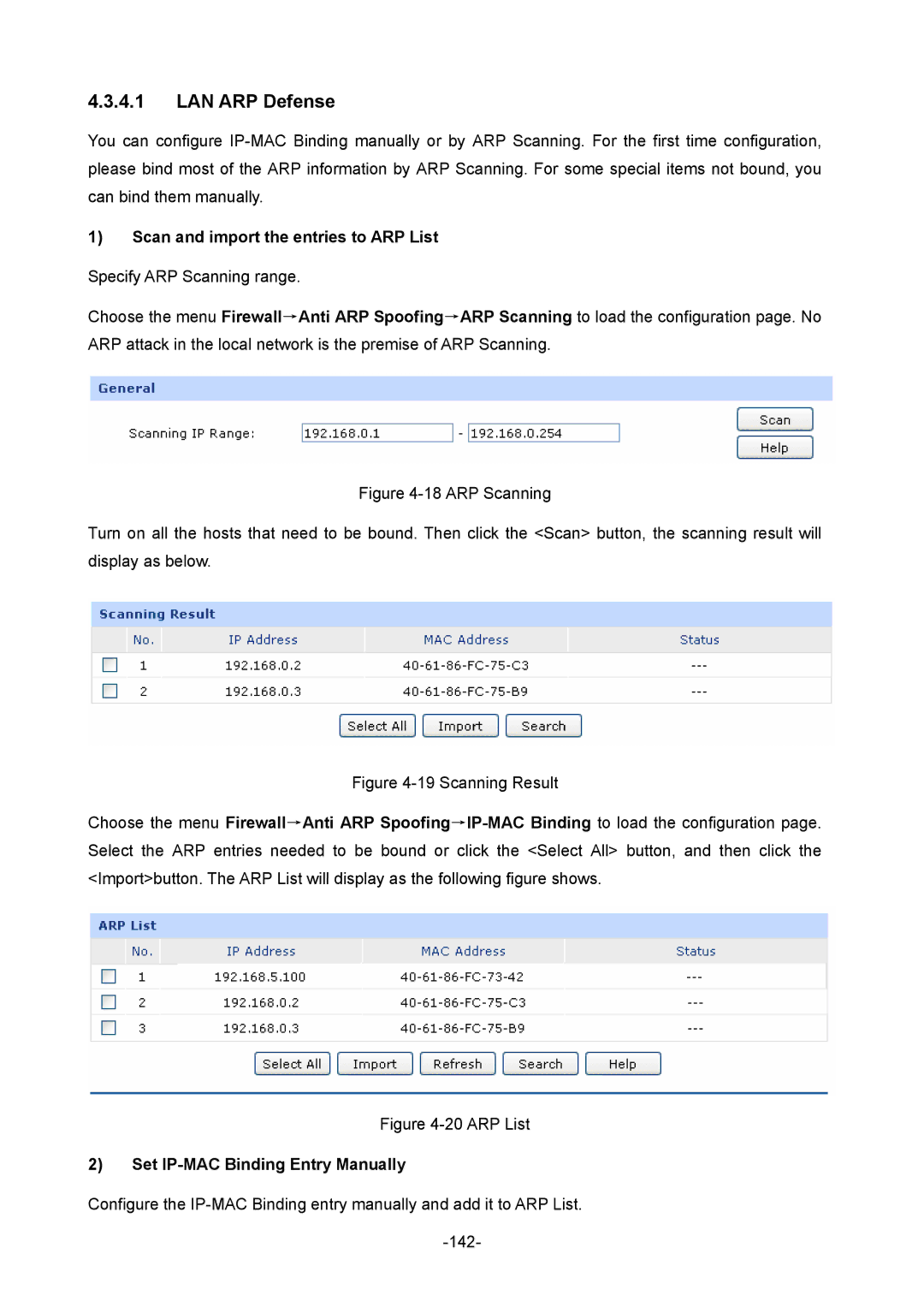 TP-Link TL-ER6120 manual LAN ARP Defense, Scan and import the entries to ARP List, Set IP-MAC Binding Entry Manually 