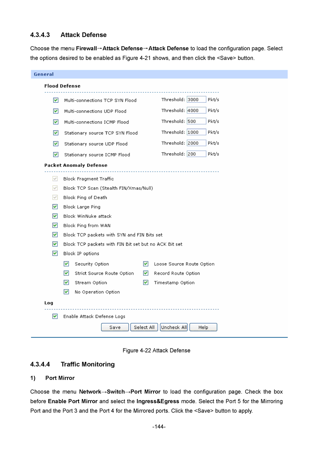 TP-Link TL-ER6120 manual Attack Defense, Traffic Monitoring, Port Mirror 