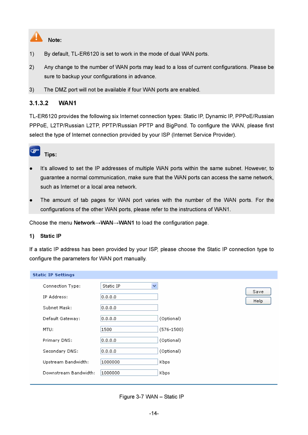 TP-Link TL-ER6120 manual 3.2 WAN1, Static IP 