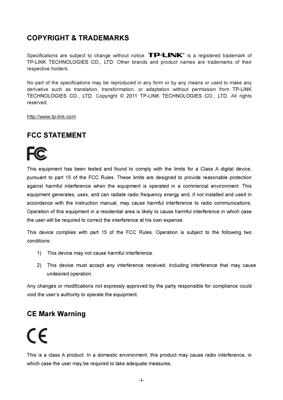 TP-Link TL-ER6120 manual Copyright & Trademarks FCC Statement 