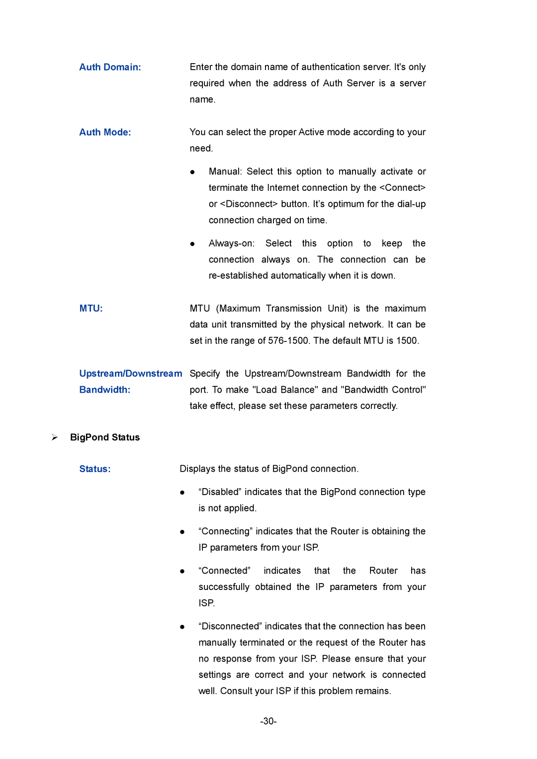 TP-Link TL-ER6120 manual ¾ BigPond Status 