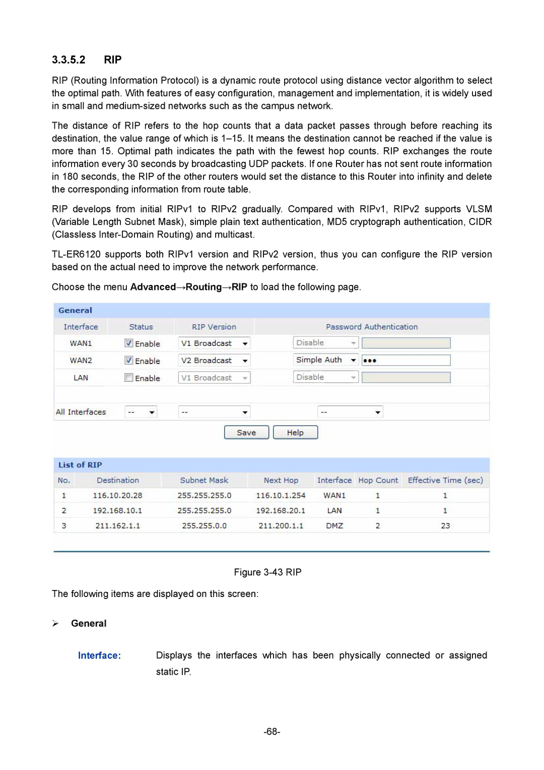 TP-Link TL-ER6120 manual 5.2 RIP, RIP Following items are displayed on this screen 