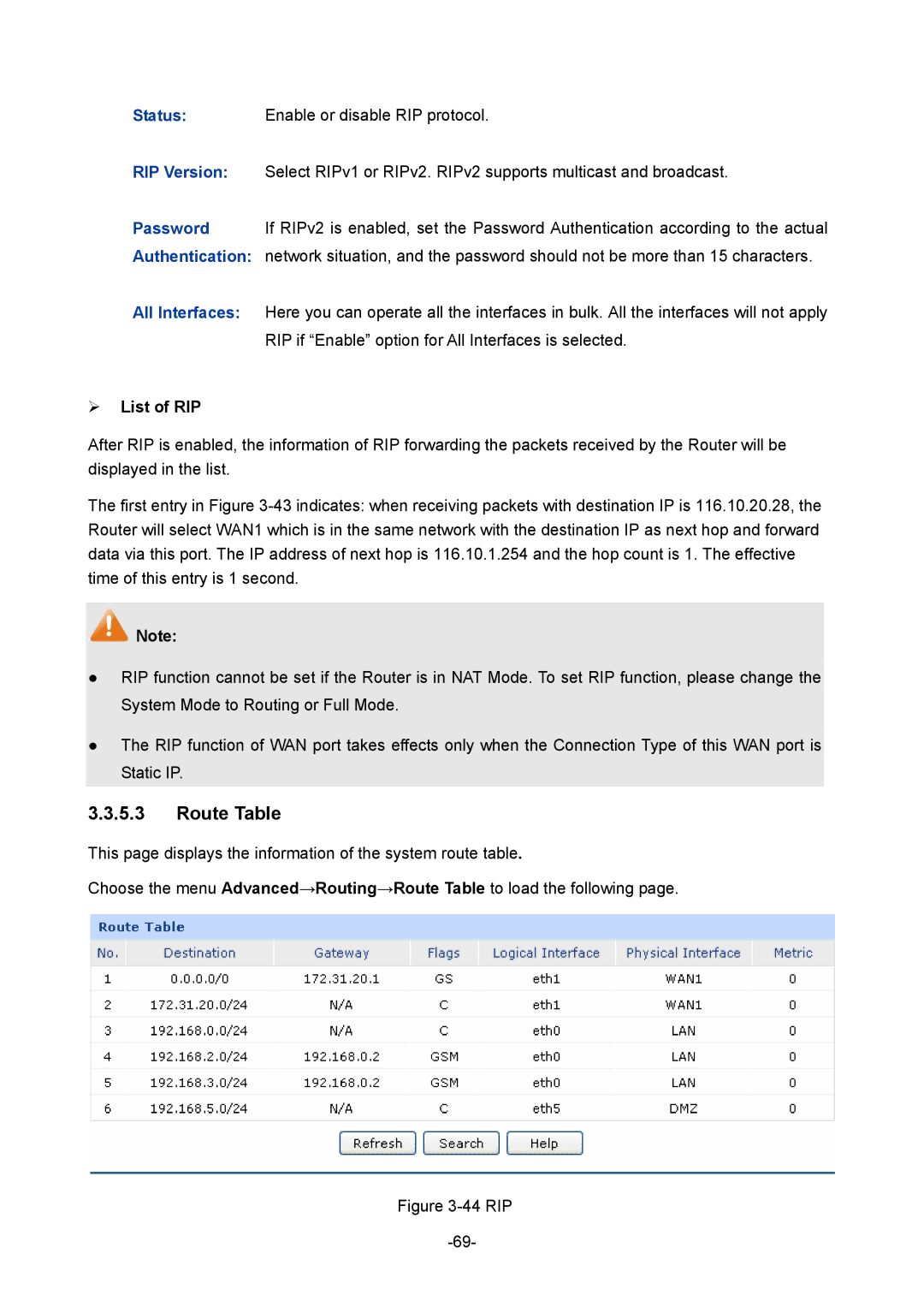 TP-Link TL-ER6120 manual Route Table, ¾ List of RIP 