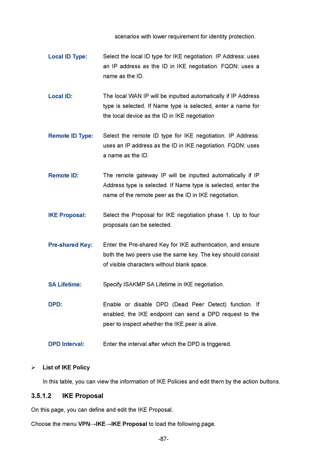 TP-Link TL-ER6120 manual IKE Proposal, ¾ List of IKE Policy 