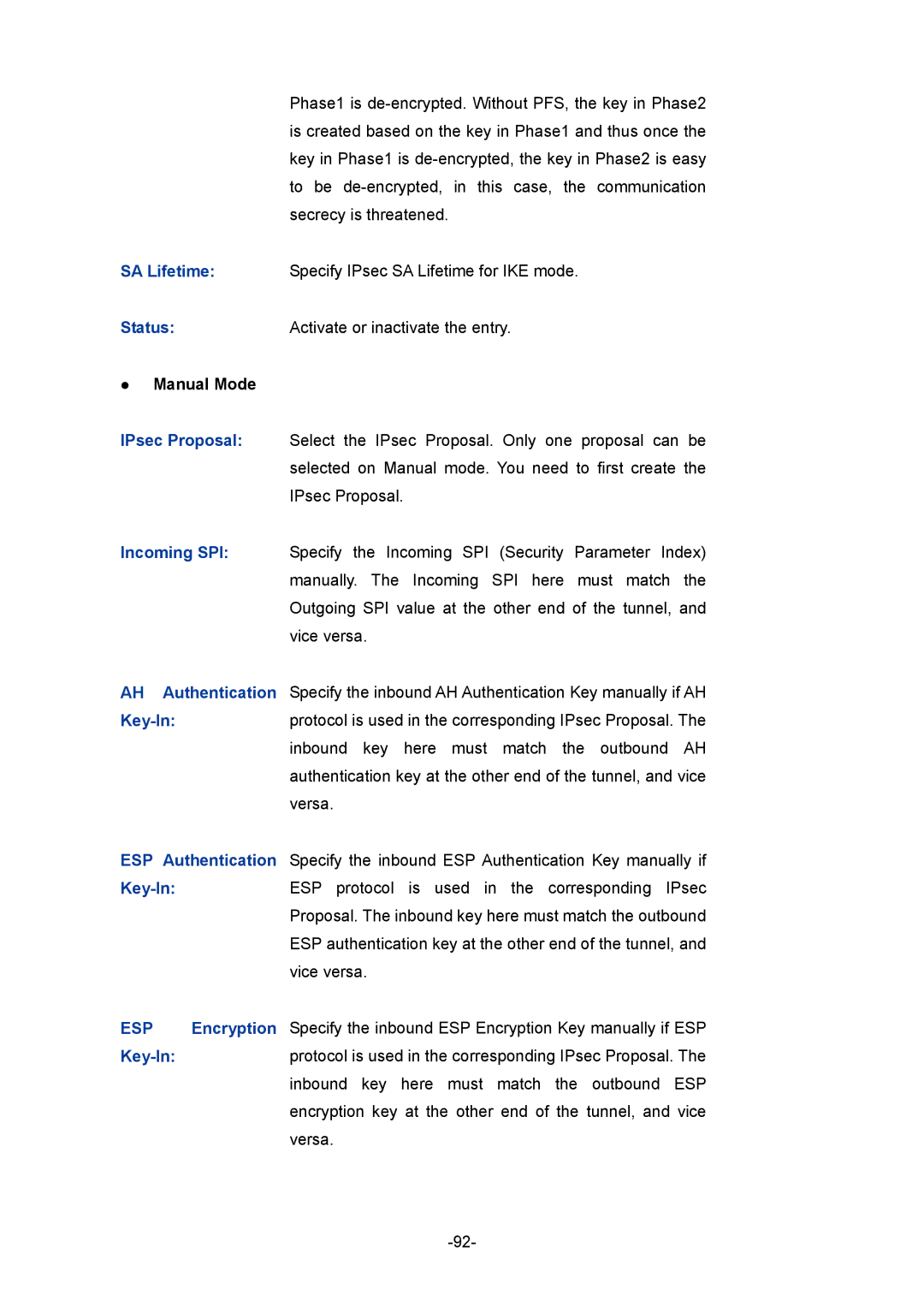 TP-Link TL-ER6120 manual Manual Mode, IPsec Proposal, Incoming SPI, Key-In, Encryption 