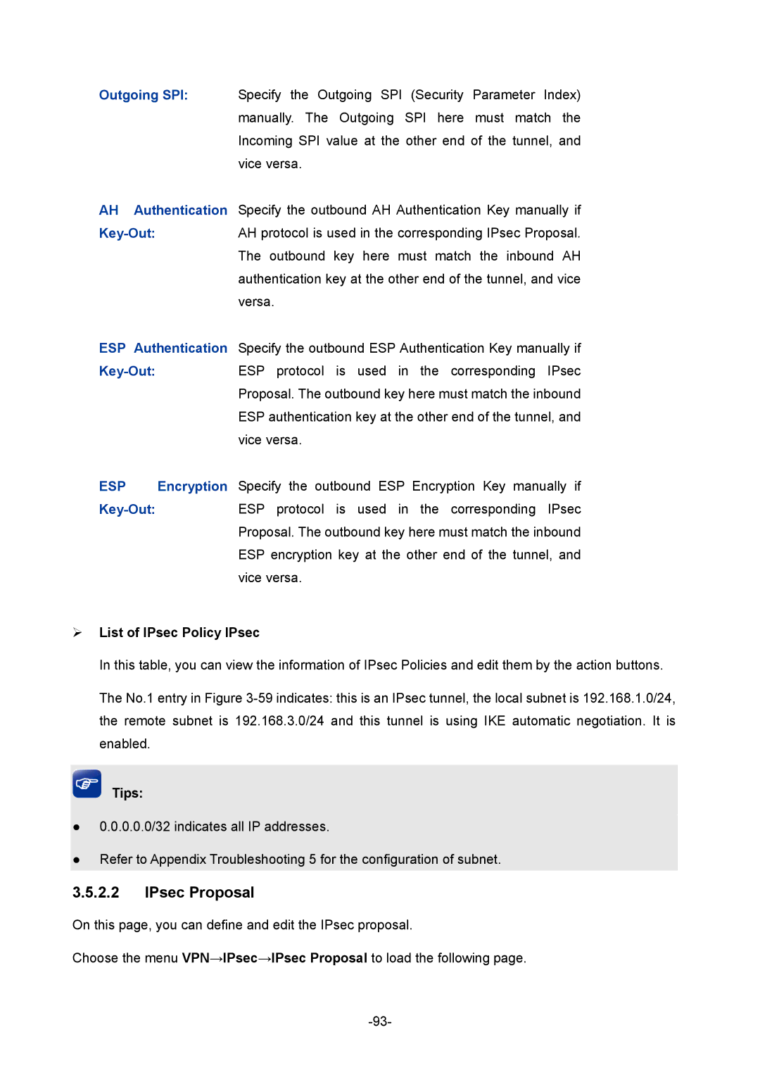 TP-Link TL-ER6120 manual IPsec Proposal, Outgoing SPI, Key-Out, ¾ List of IPsec Policy IPsec 