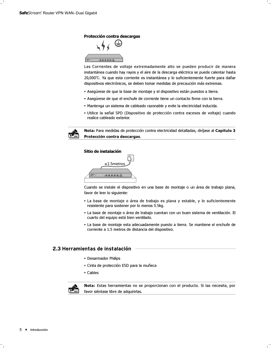 TP-Link TL-ER6120 manual 2222Herramientas de instalación, Protección contra descargas, Sitio de instalación 