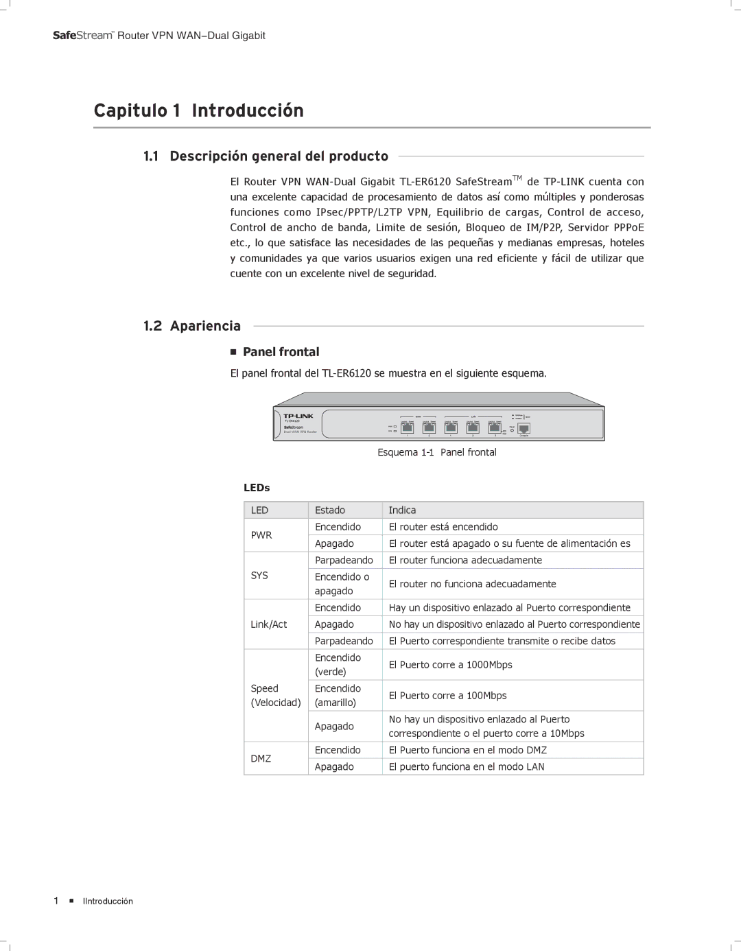 TP-Link TL-ER6120 manual CCCCCCCCCCCCIntroducción, Descripción general del producto, Apariencia, Panel frontal 