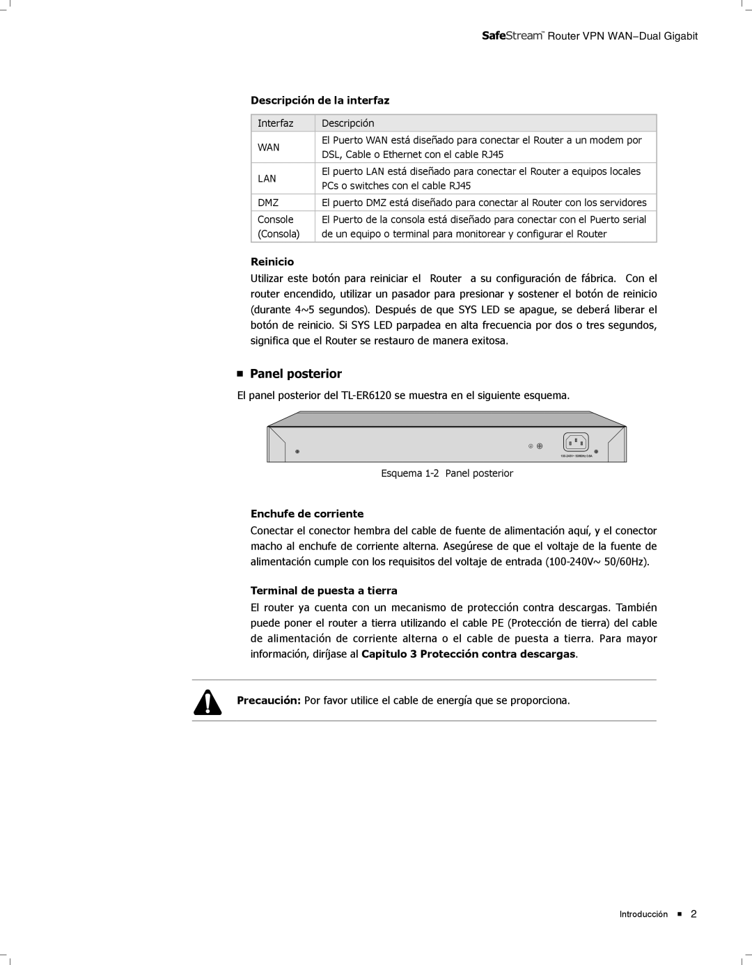 TP-Link TL-ER6120 manual Panel posterior, Descripción de la interfaz 