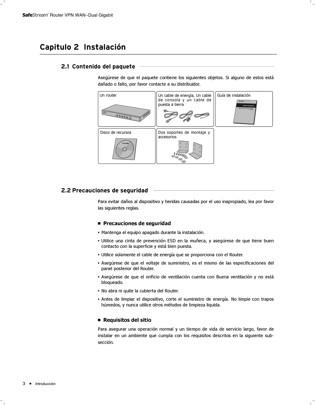 TP-Link TL-ER6120 CCCCCCCCCCCCInstalación, Contenido del paquete, 2222Precauciones de seguridad, Requisitos del sitio 