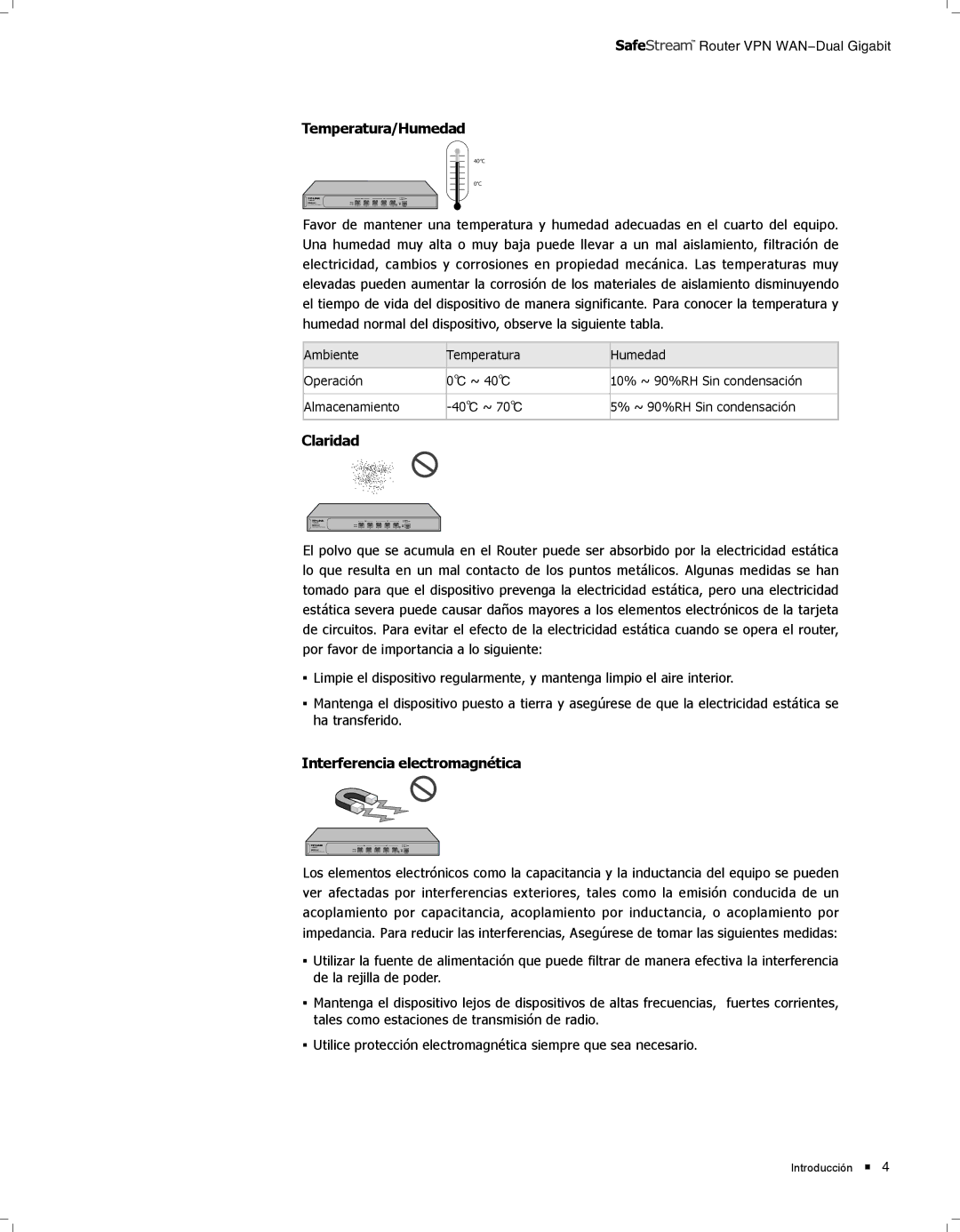 TP-Link TL-ER6120 manual Temperatura/Humedad, Claridad, Interferencia electromagnética 