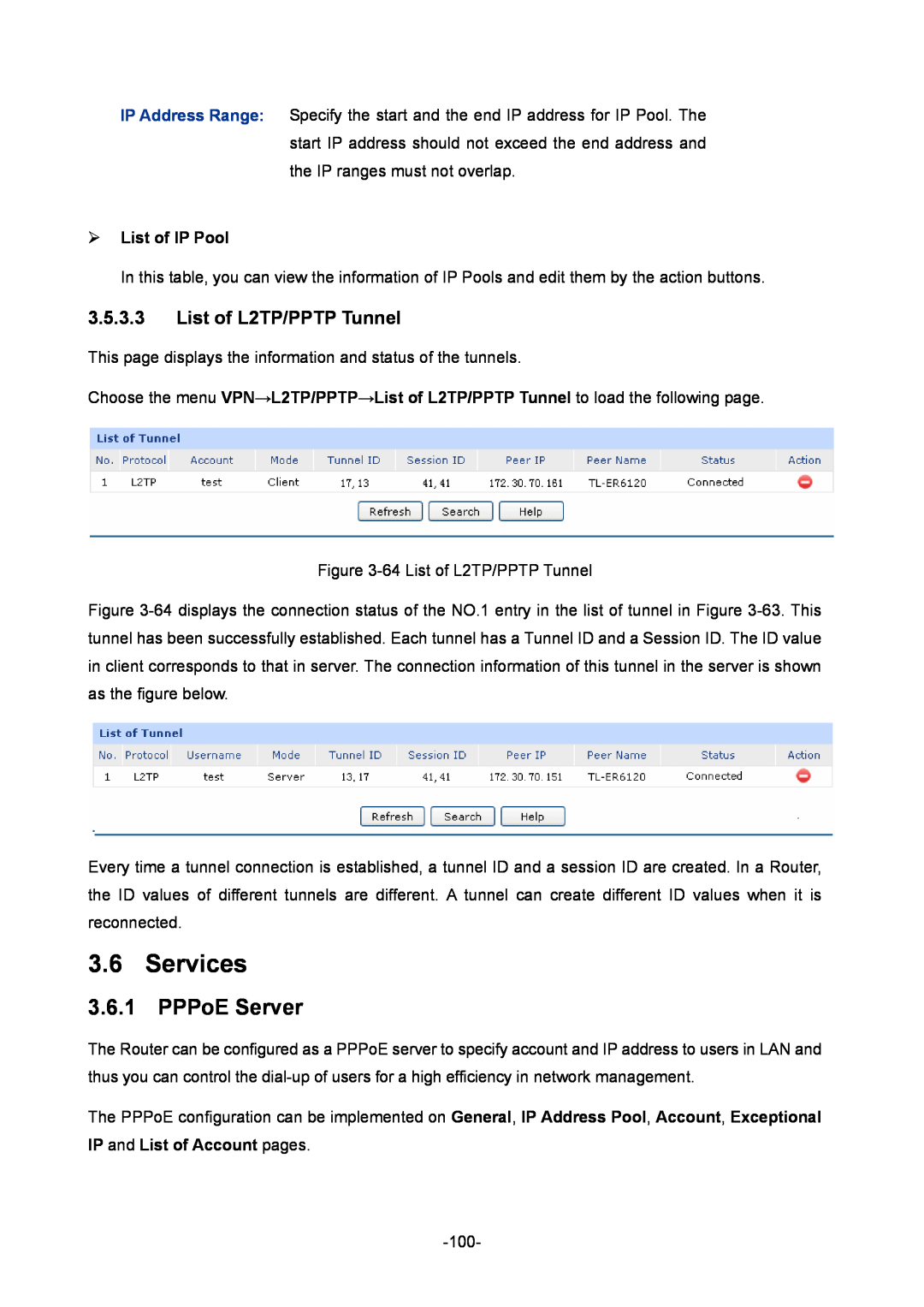 TP-Link TL-ER6120 manual Services, PPPoE Server, List of L2TP/PPTP Tunnel, ¾ List of IP Pool 