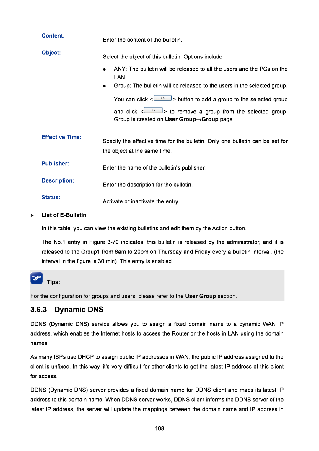 TP-Link TL-ER6120 Dynamic DNS, ¾ List of E-Bulletin, Content Object Effective Time Publisher Description Status, Tips 