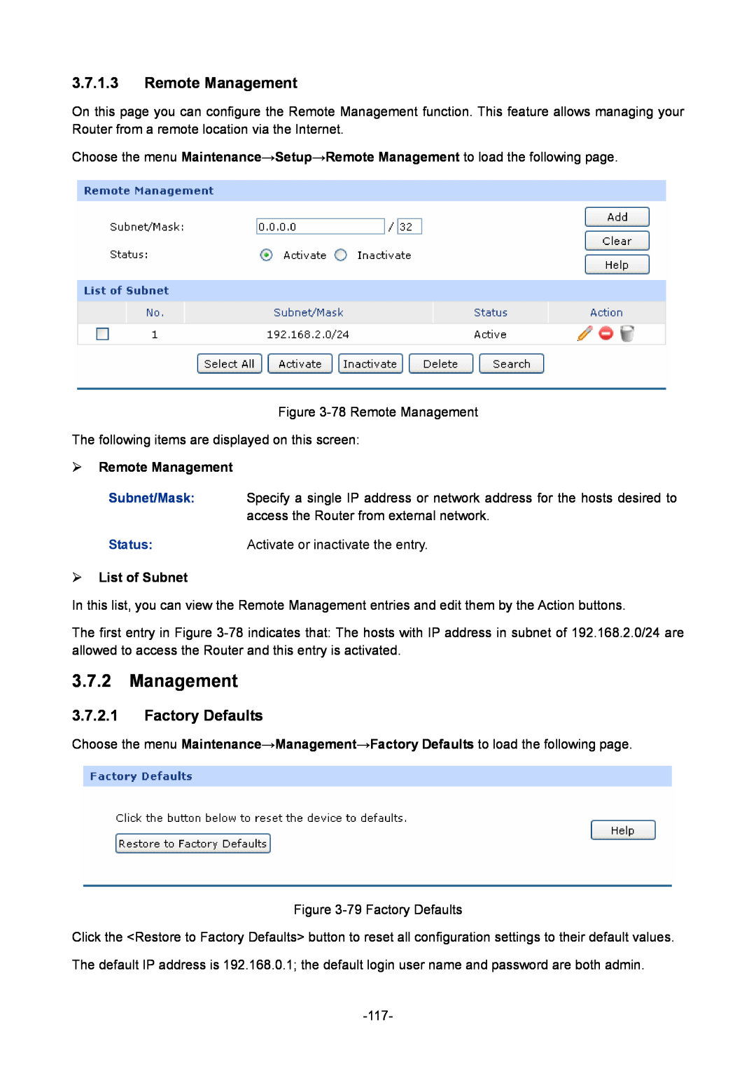 TP-Link TL-ER6120 manual Factory Defaults, ¾ Remote Management, ¾ List of Subnet 