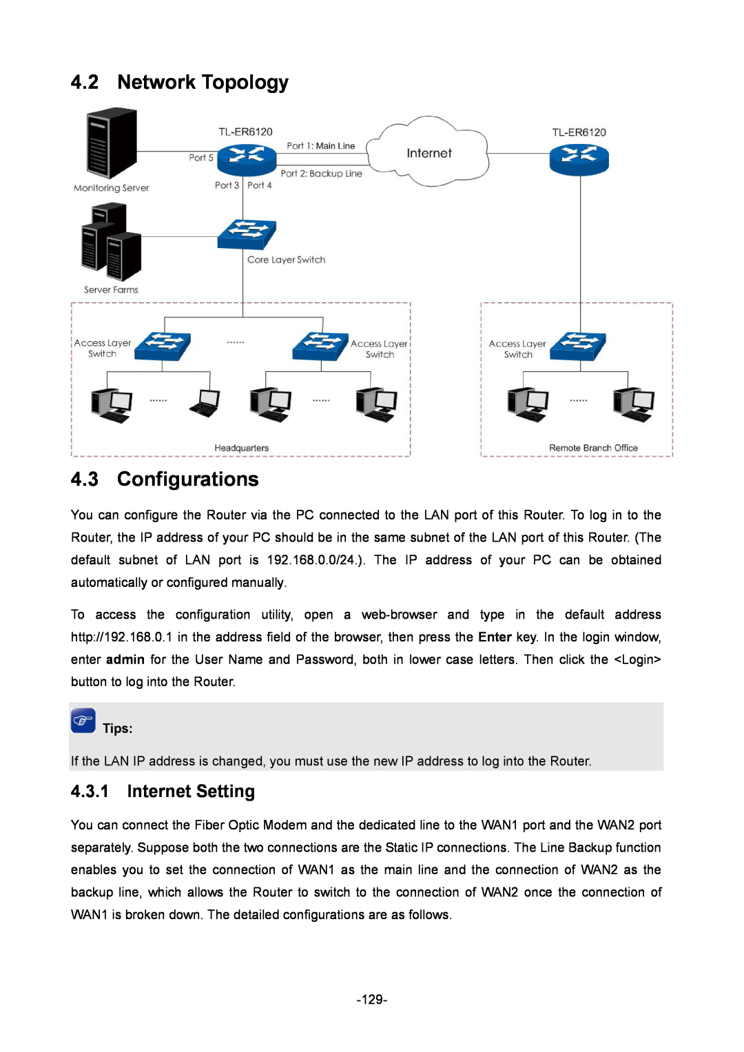 TP-Link TL-ER6120 manual Network Topology 4.3 Configurations, Internet Setting, Tips 